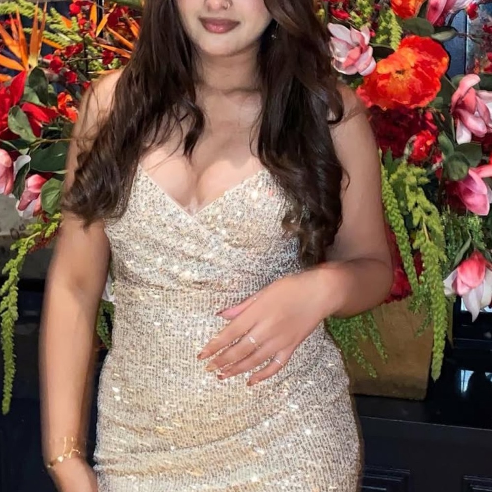 Windsor Gold Sequin Bodycon Mini Dress Plunge Neckline